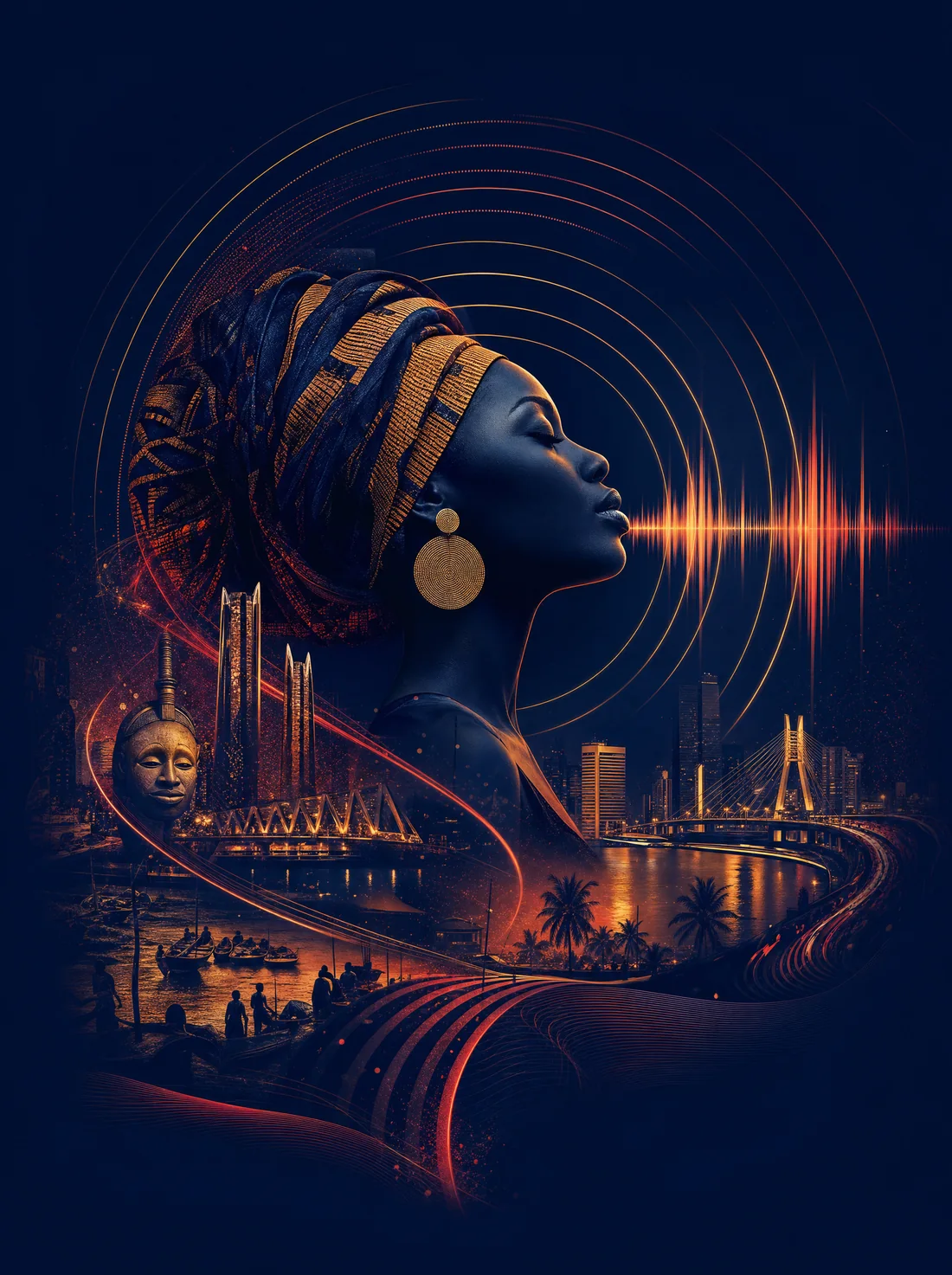 A Lagos woman in a gele framed by radiating signal waves, with the city skyline behind her