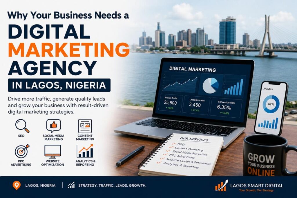 Digital marketing agency in Lagos Nigeria helping businesses grow through SEO, content marketing, PPC advertising, and website optimization.